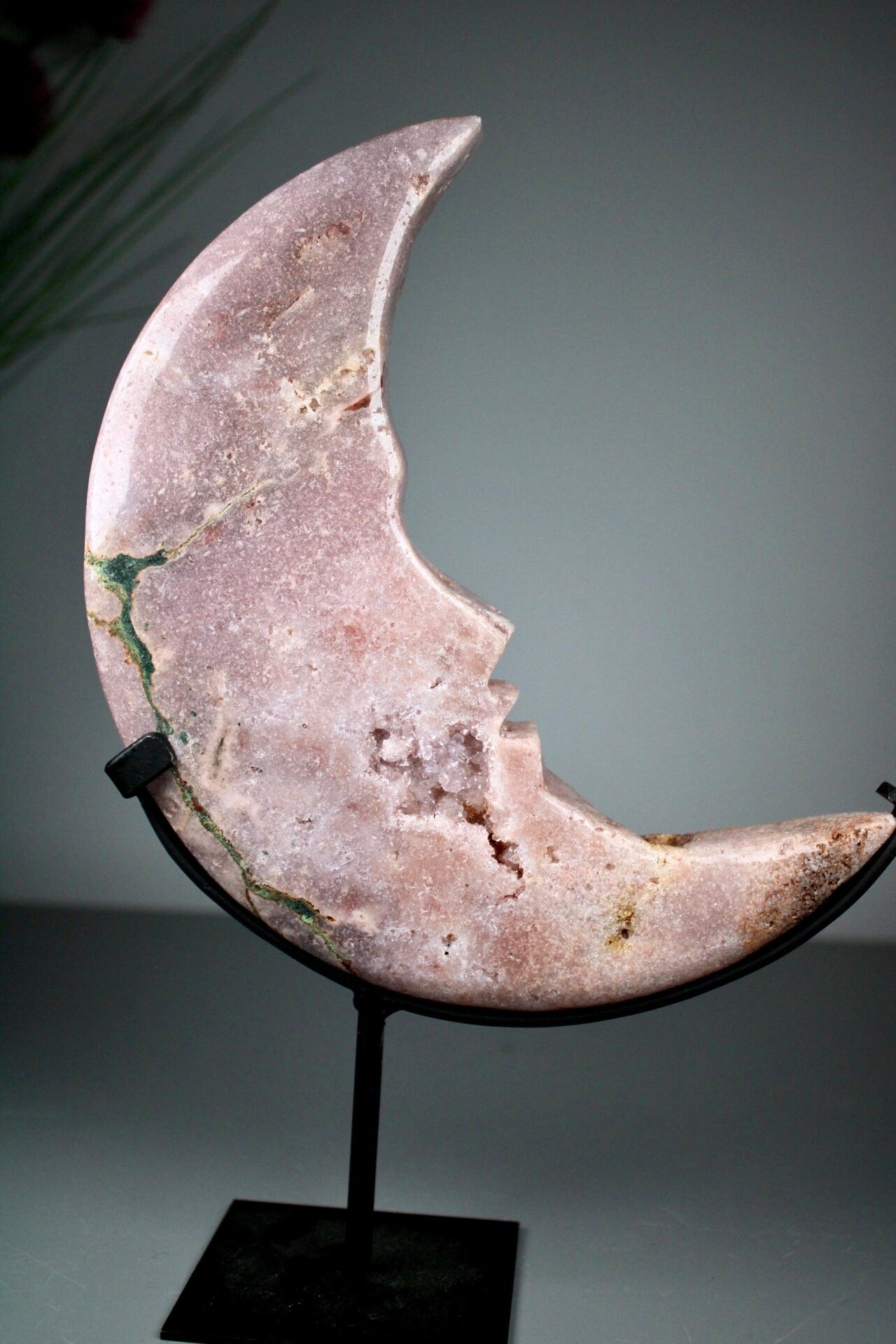 High quality, Pink amethyst, crescent moon with face, on stand from brazil with green jasper vein