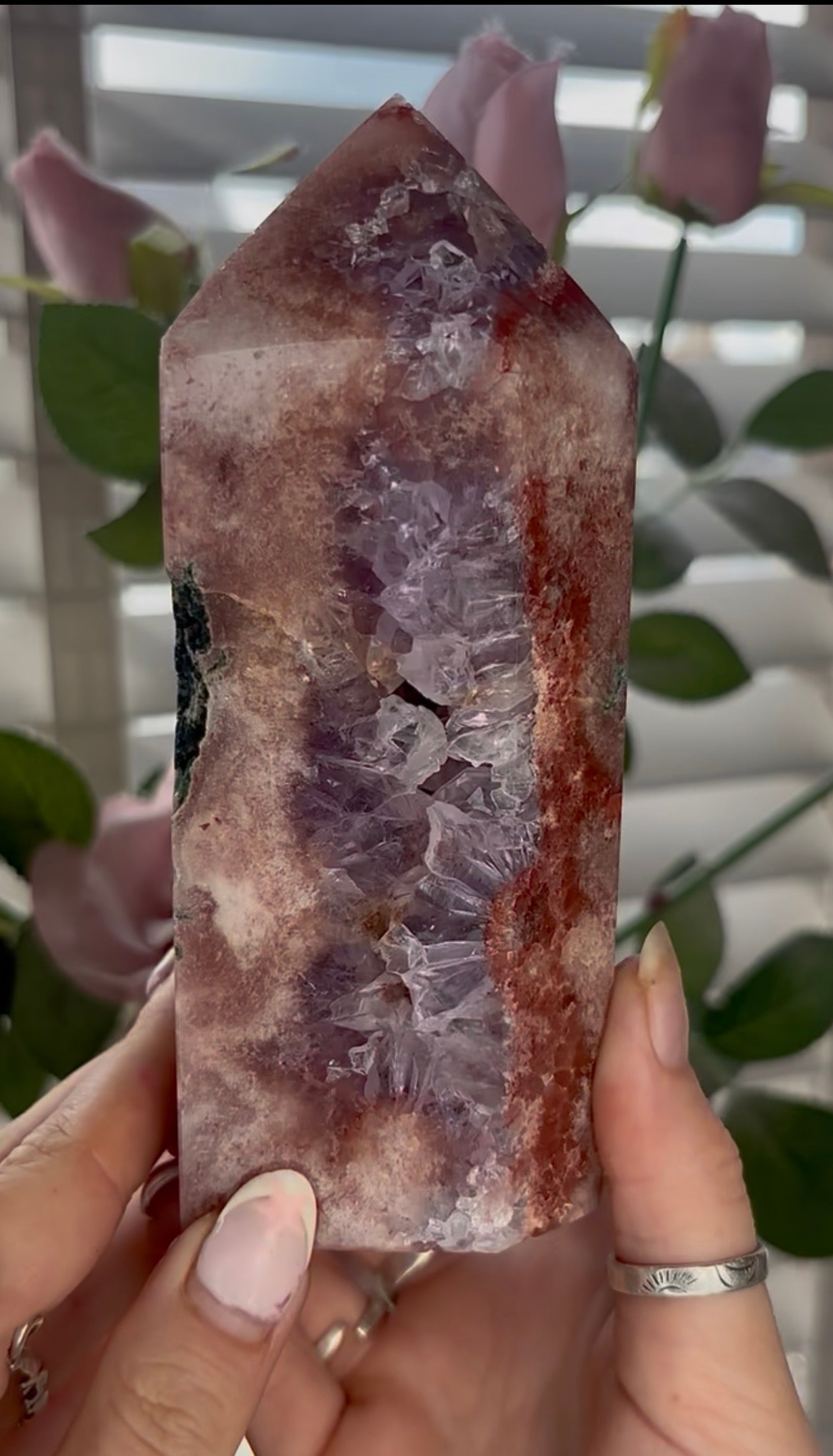 Beautiful, high quality, Pink amethyst tower with purple quartz