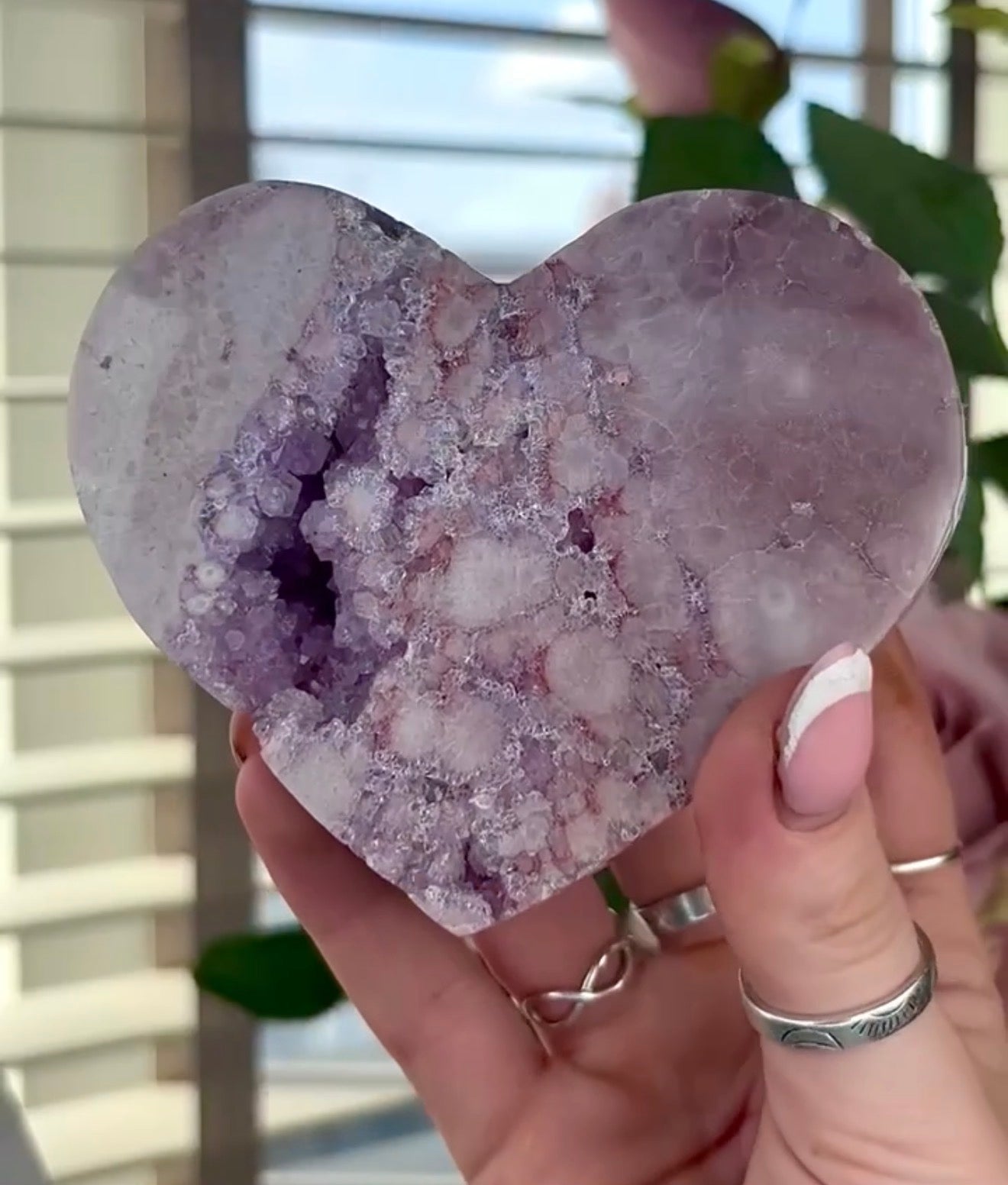 High quality pink amethyst heart with quartz - comes with stand