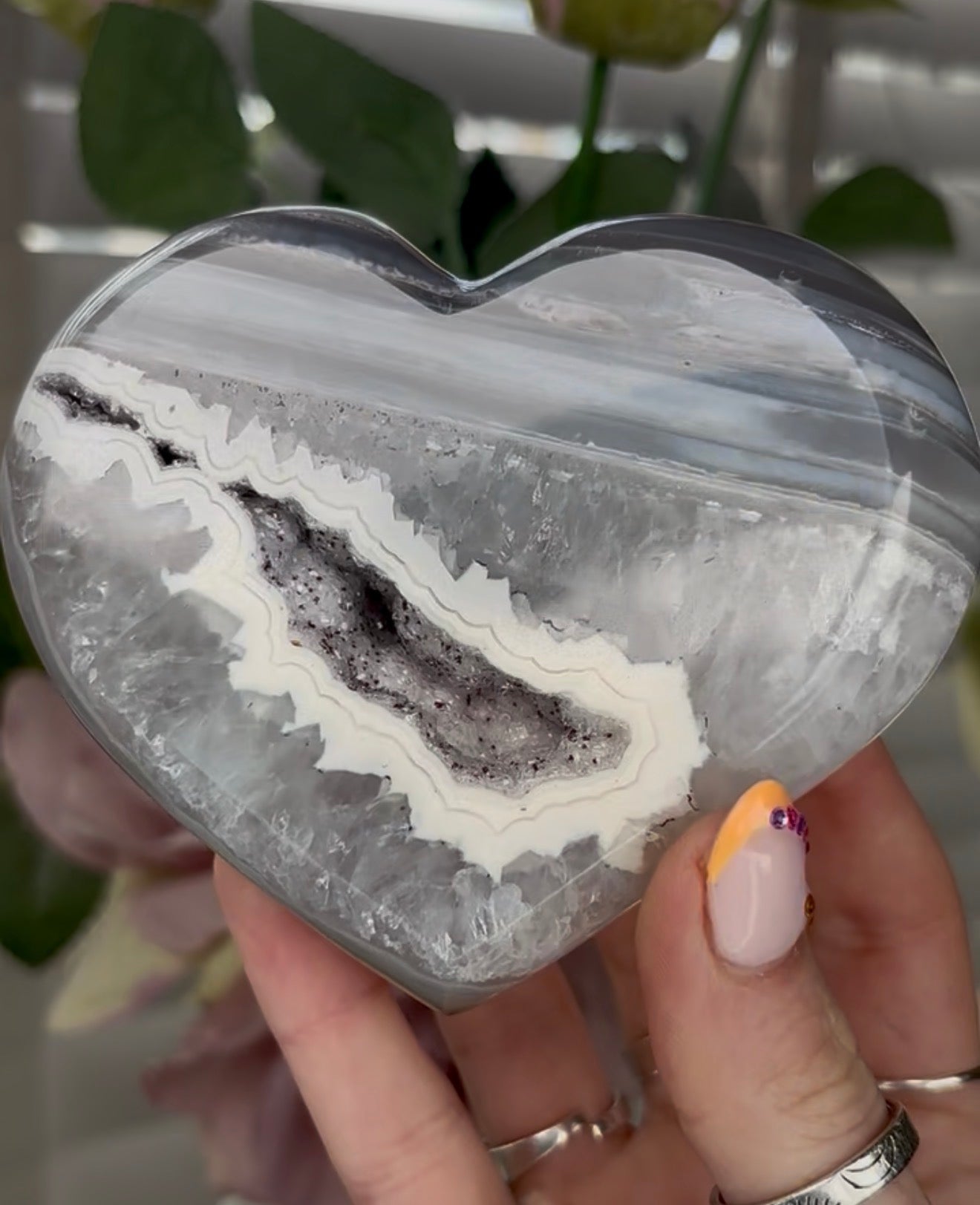 Beautiful, high grade, blue banded agate heart with druzy - stand included