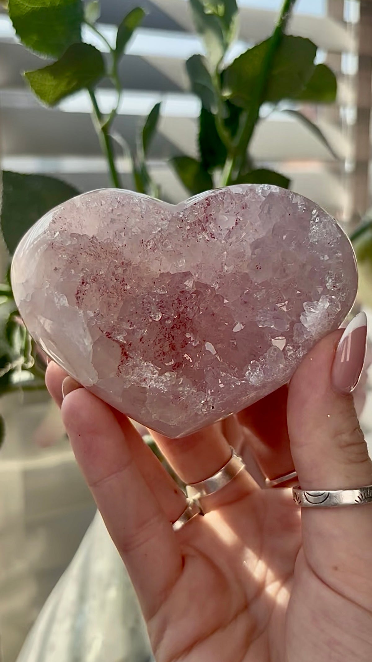 Gorgeous, pink amethyst heart- comes with stand