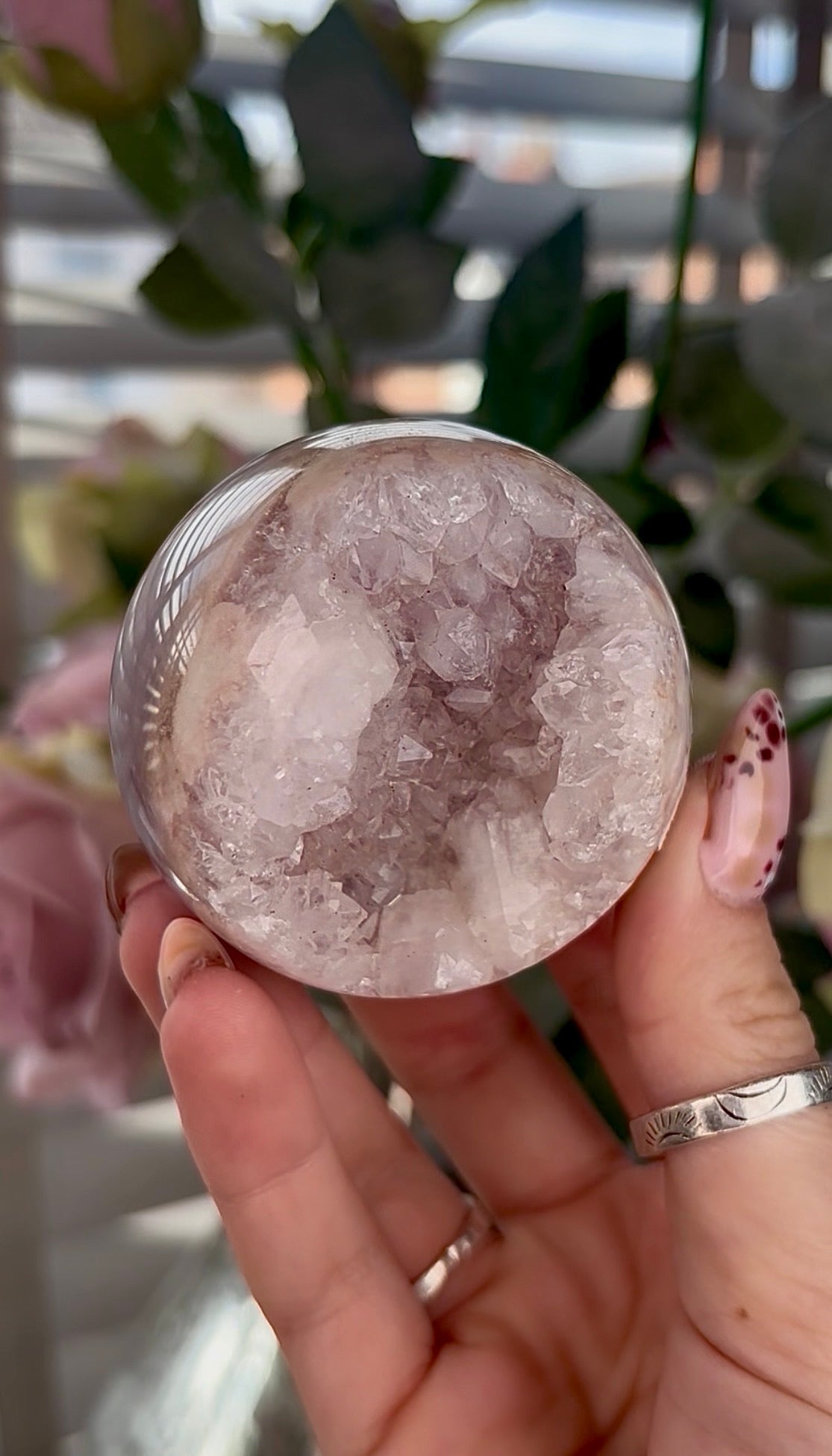 High grade, Pink amethyst Flower agate sphere with druzy quartz- 6cm