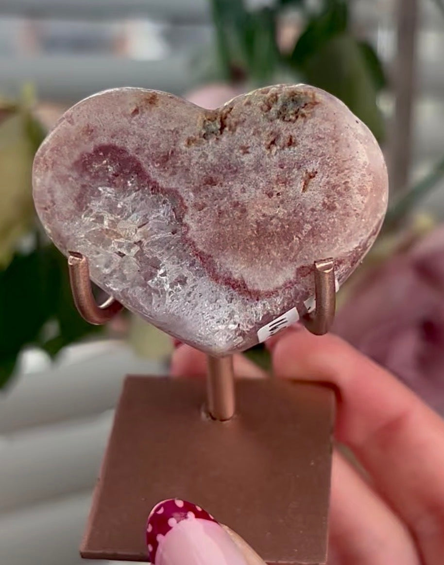 pink amethyst heart with quartz - comes with stand