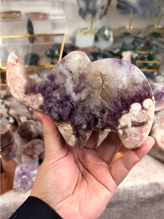 High grade, amethyst x flower agate freestanding, elephant
