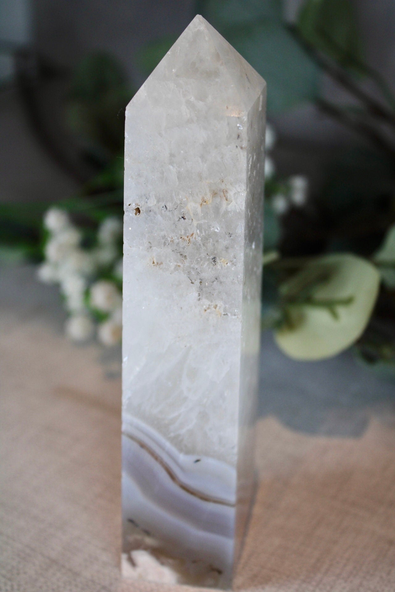 Blue banded agate with quartz tower