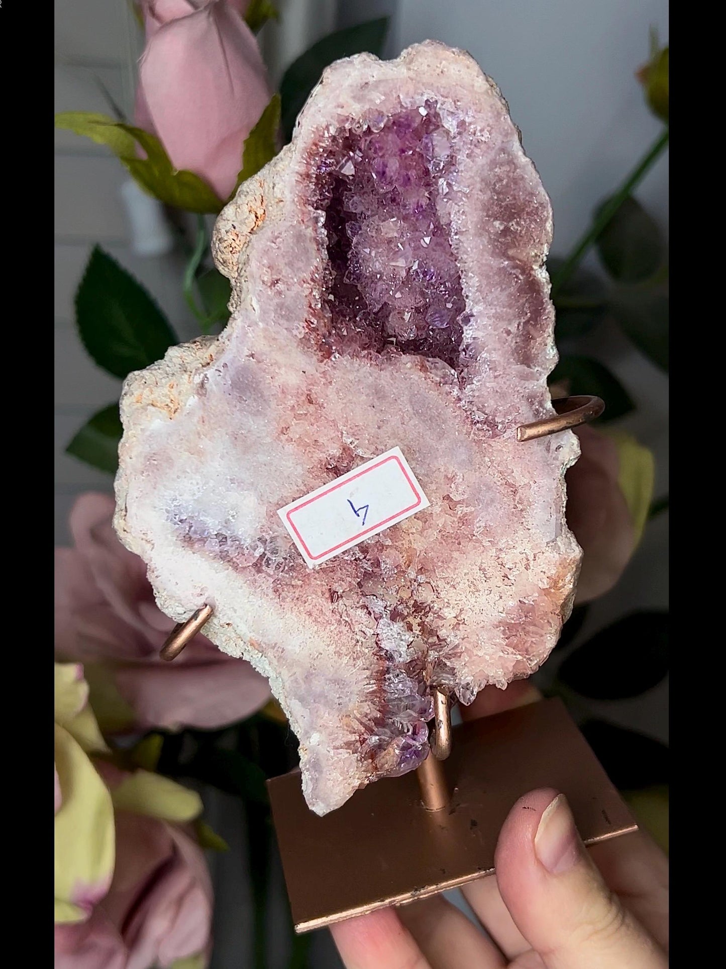 High grade, gorgeous, pink amethyst slab with purple druzy on stand