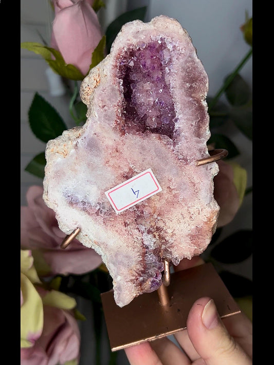 High grade, gorgeous, pink amethyst slab with purple druzy on stand