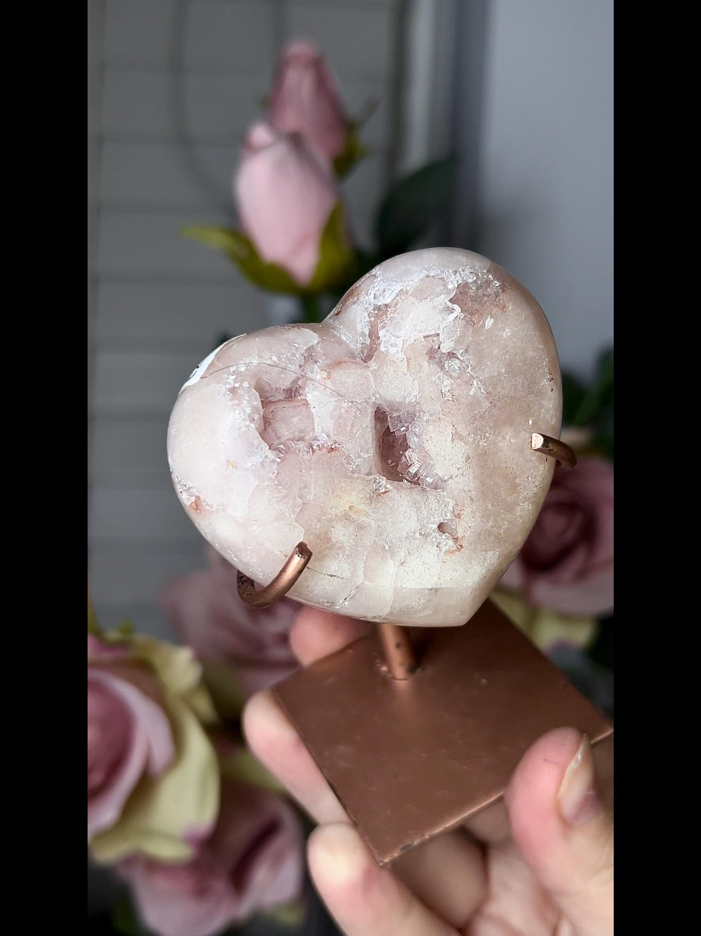 pink amethyst heart with quartz druzy comes with stand that is scratched (discount added)
