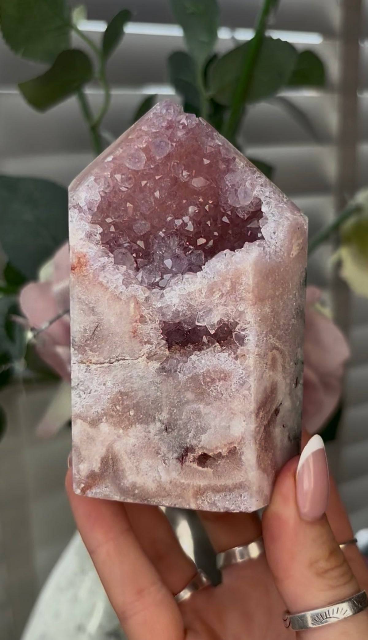 Beautiful, hq, druzy, Pink amethyst tower 10.3cm(h) by 6cm(w)