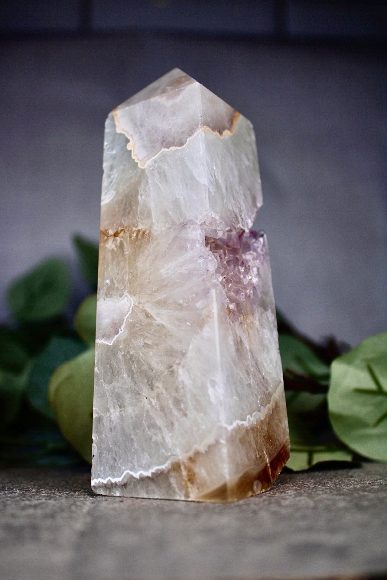 Pink amethyst agate, 4 sided tower with lavender Druze