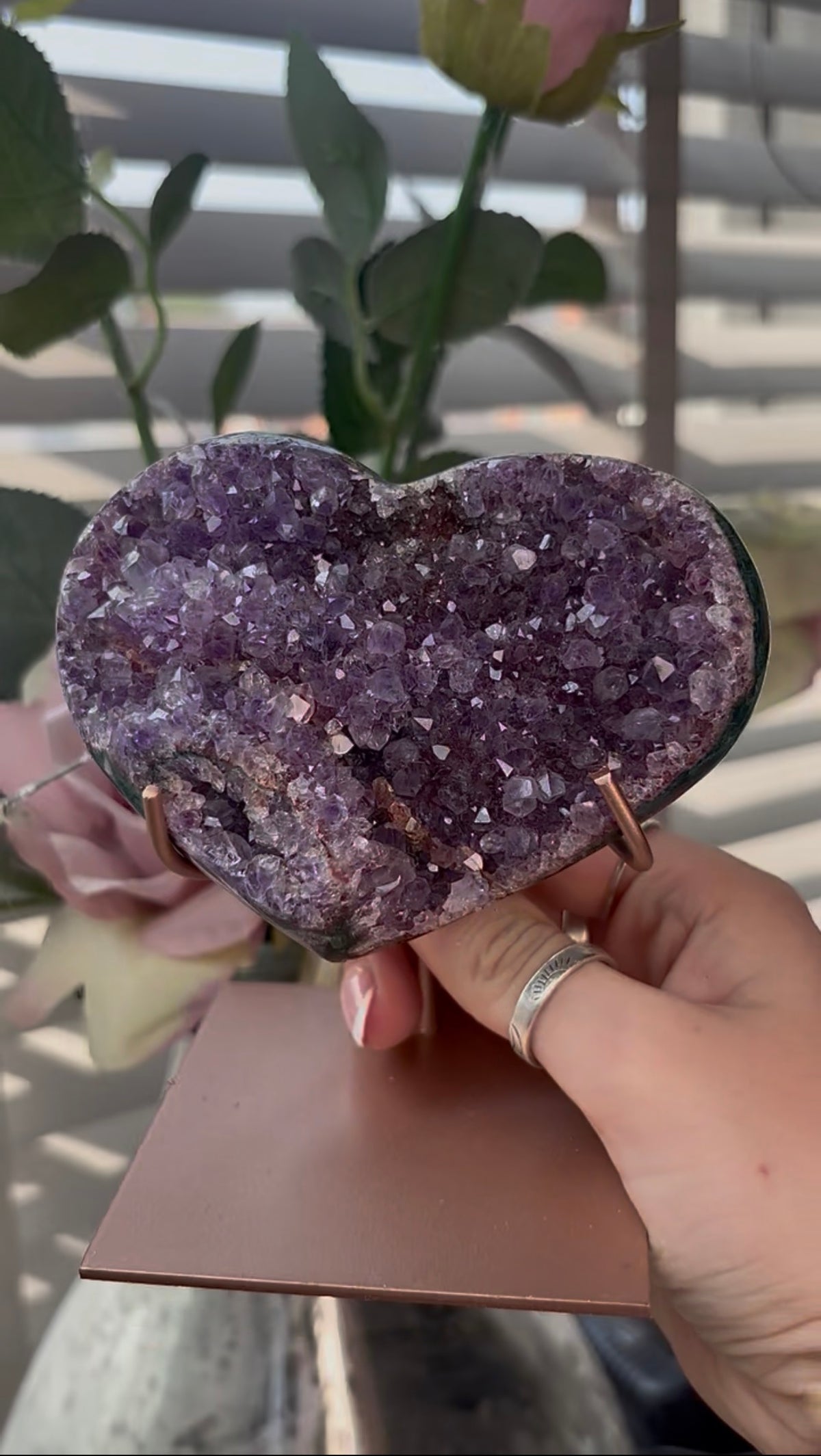 Gorgeous, high quality, pink amethyst heart with Jasper - comes with stand