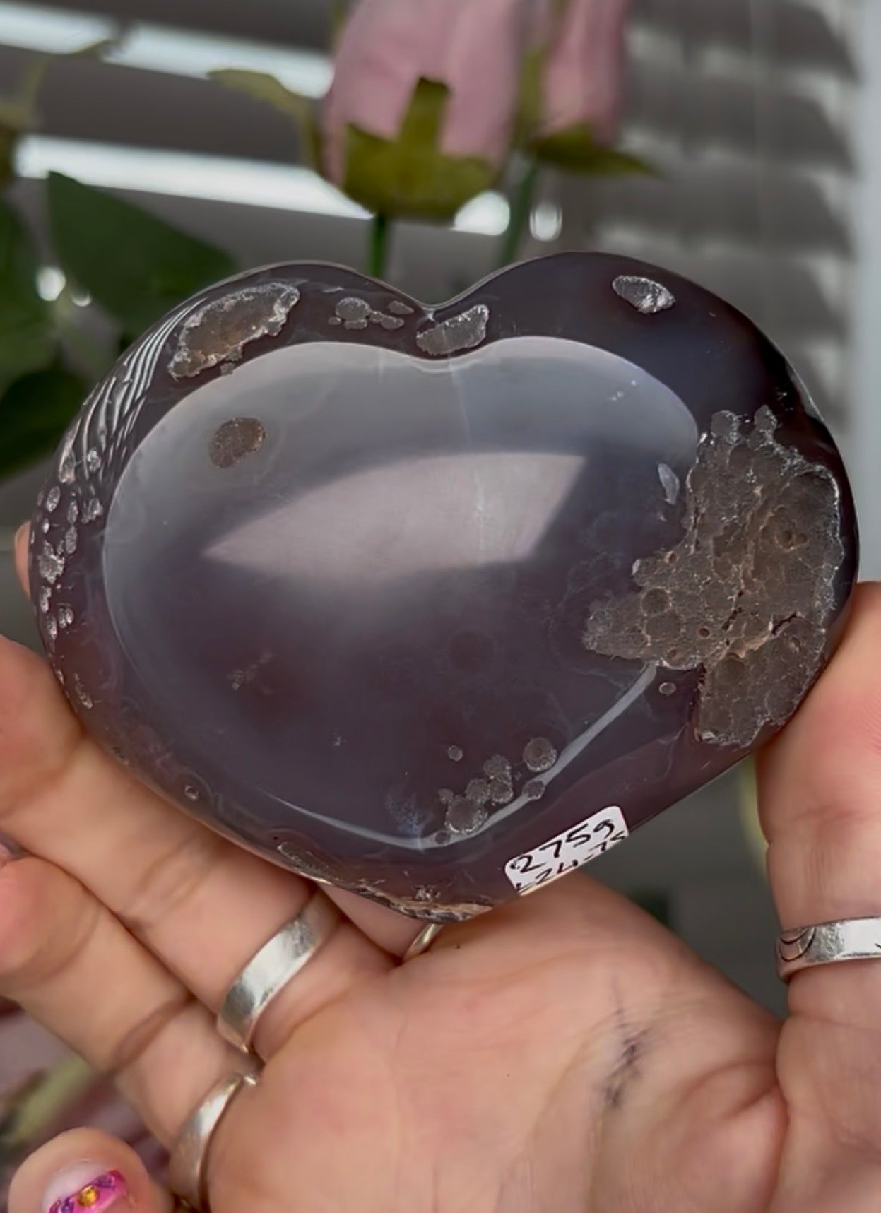 Beautiful, high grade, agate heart with druzy - comes with stand