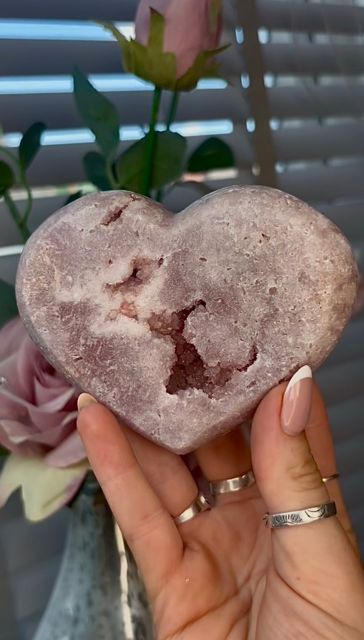 Gorgeous, pink amethyst heart - comes with stand