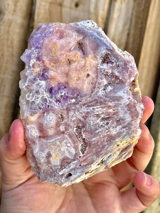 pink amethyst slab with purple quartz