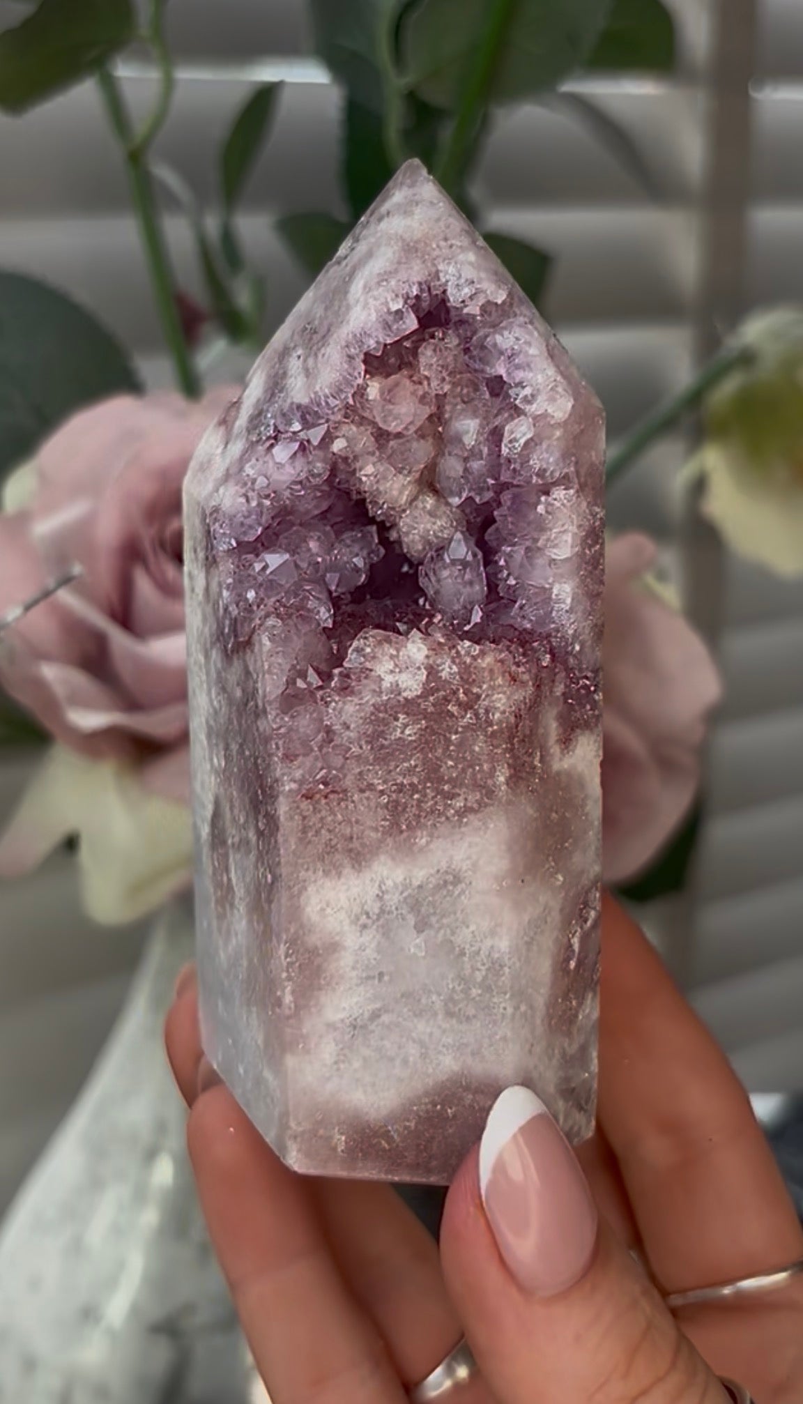 Beautiful, hq, druzy, Pink amethyst tower 11cm(h) by 6cm(w)
