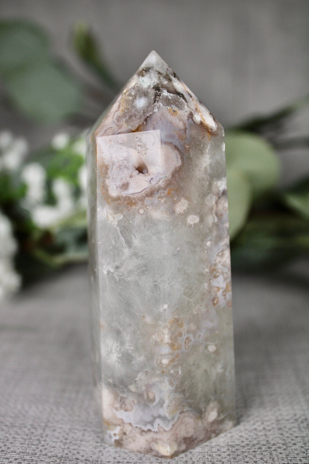 Green chlorite, flower agate, 6 side, polished tower 295g 11cm (H) 4.5cm (W)