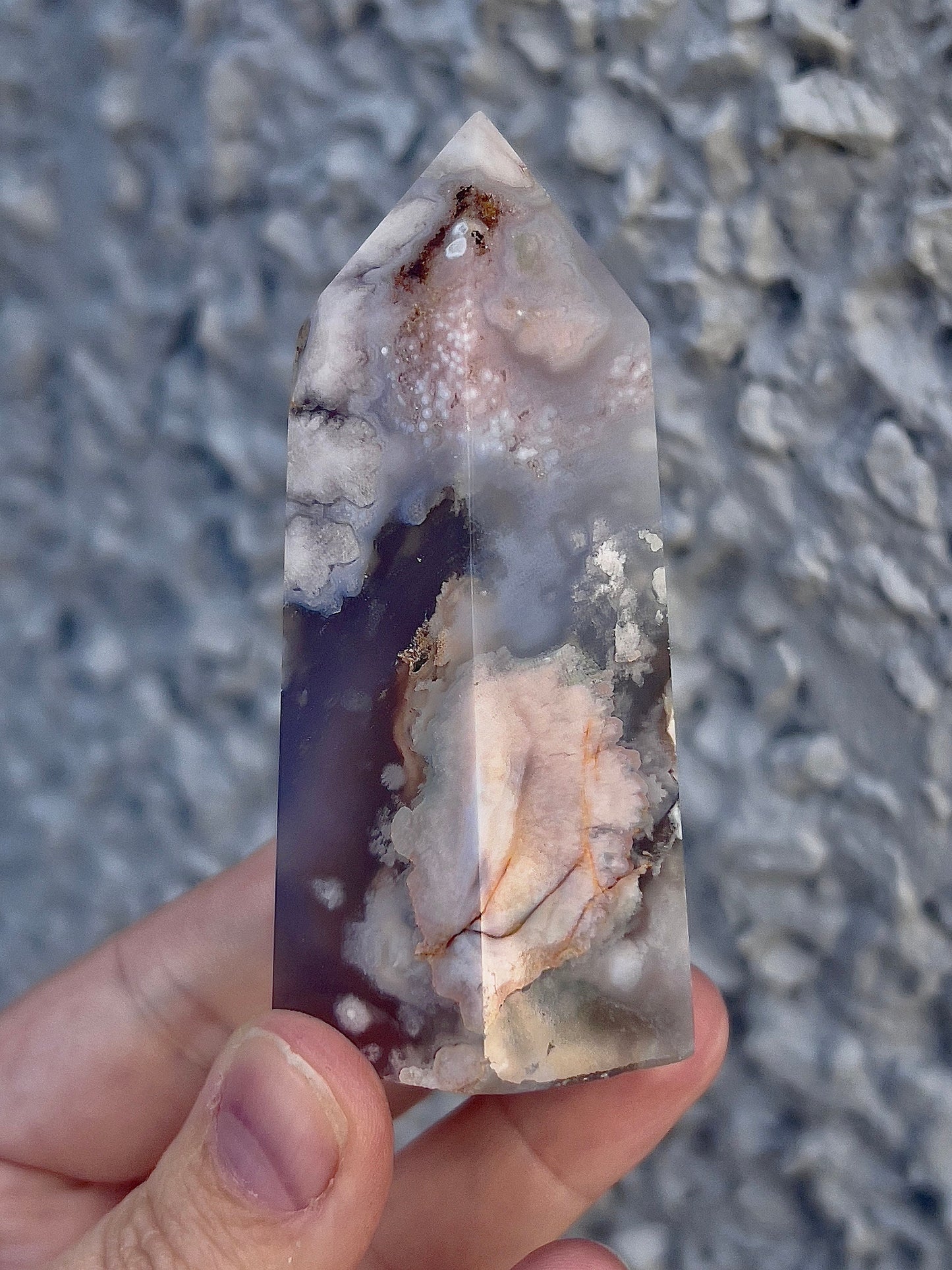 black flower agate tower with pink amethyst