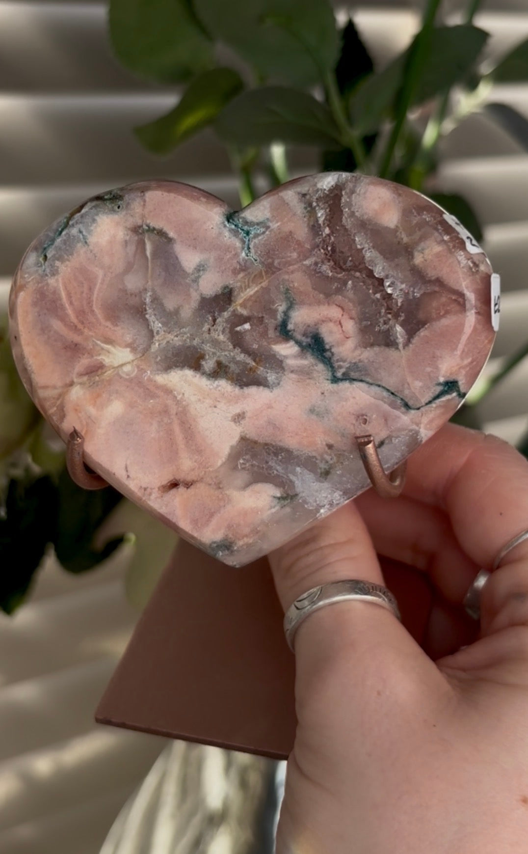 Gorgeous pink amethyst & jasper heart in peach tones  - comes with stand