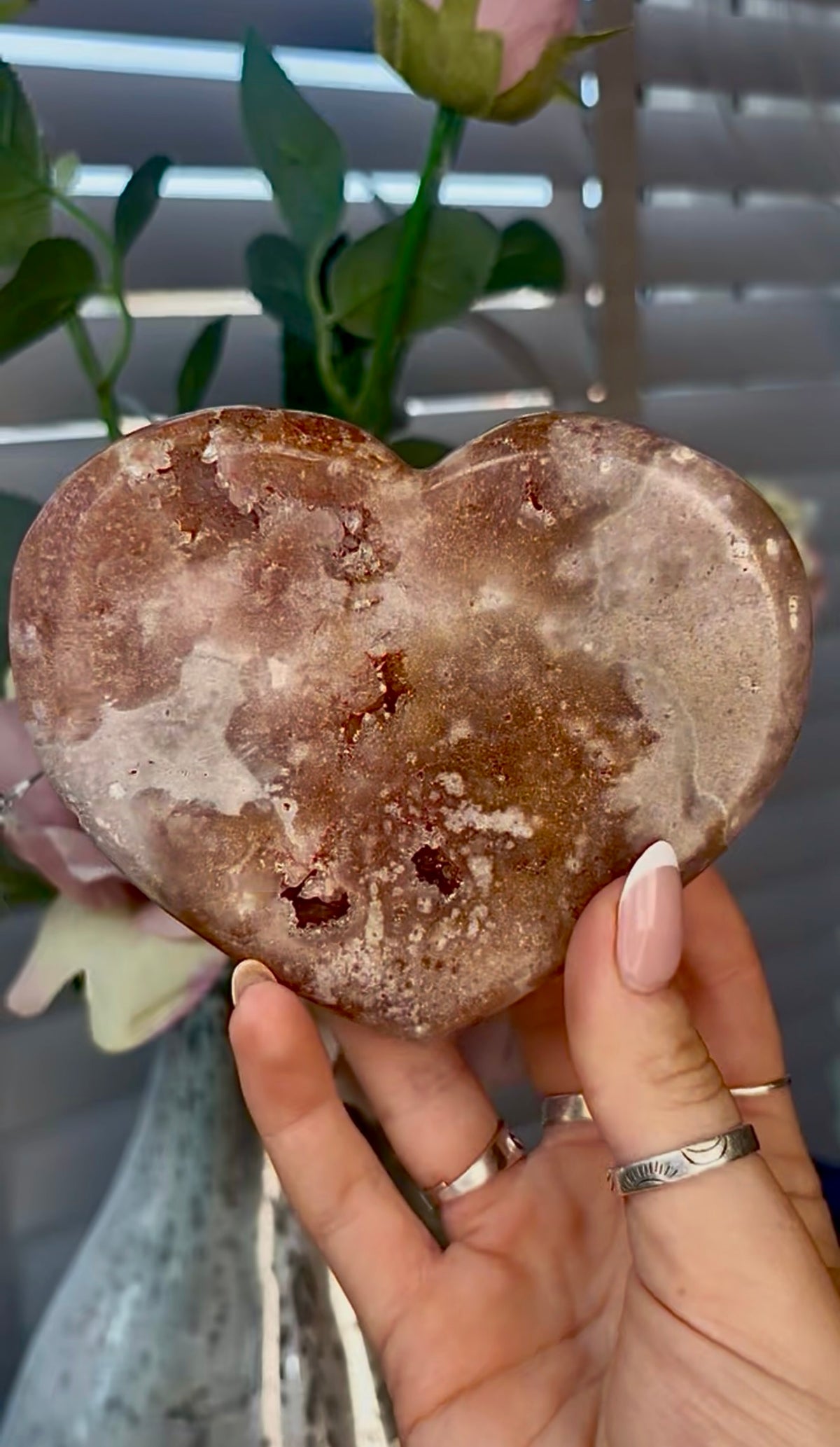 Gorgeous, pink amethyst heart- comes with stand
