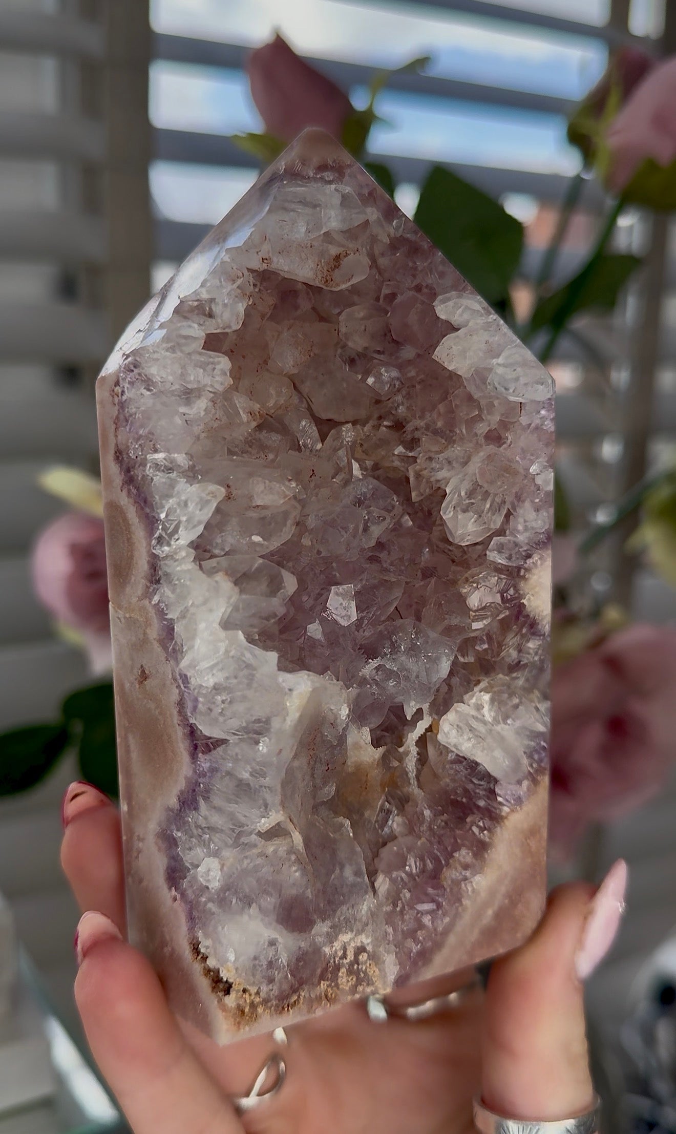 Pink amethyst tower with quartz 14cm(h) 7cm(w)