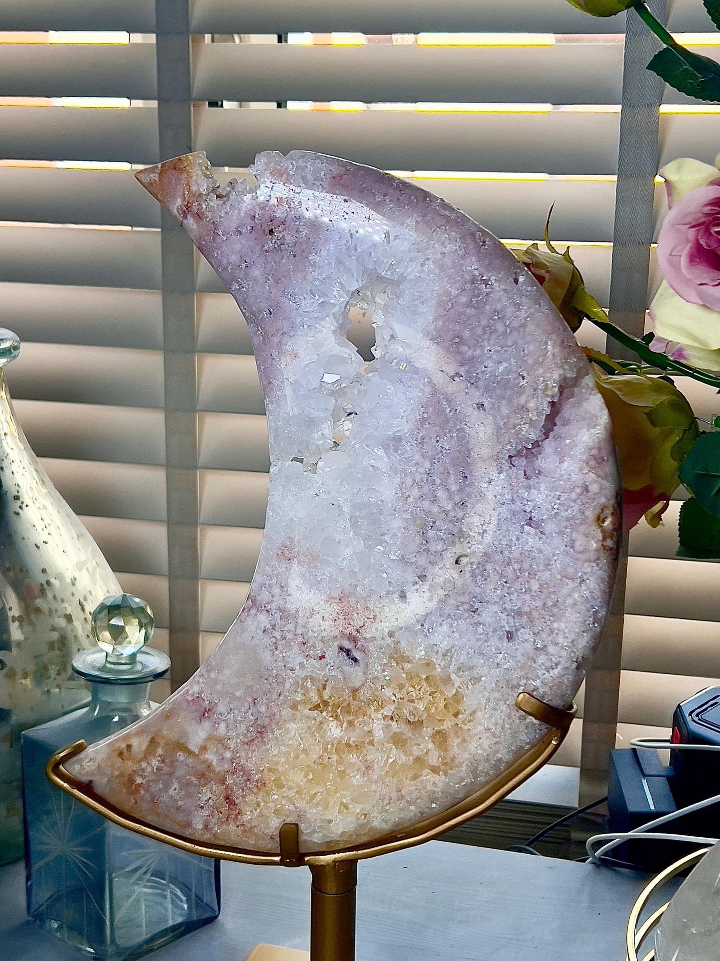 Incredible huge statement, high quality, Pink amethyst, moon with rainbow quartz & citrine inclusion, on spinning stand