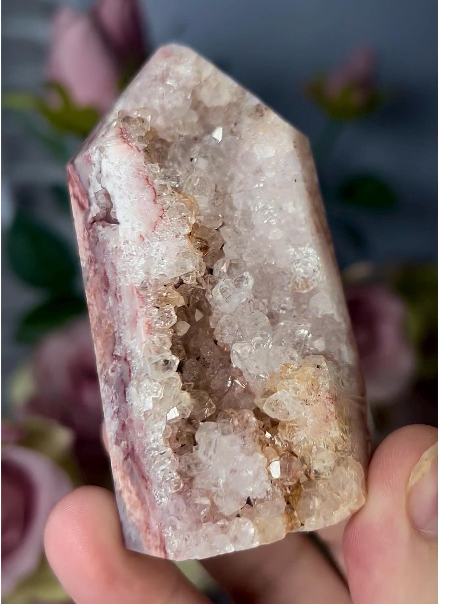 High grade, druzy, pink amethyst tower 179g