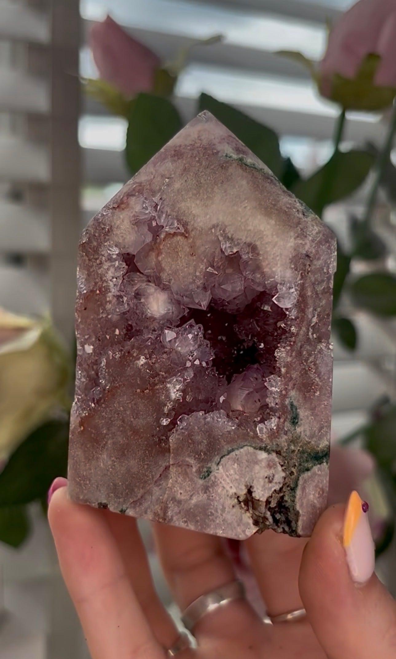 Pretty, high quality, Pink amethyst tower, with lilac quartz druzy