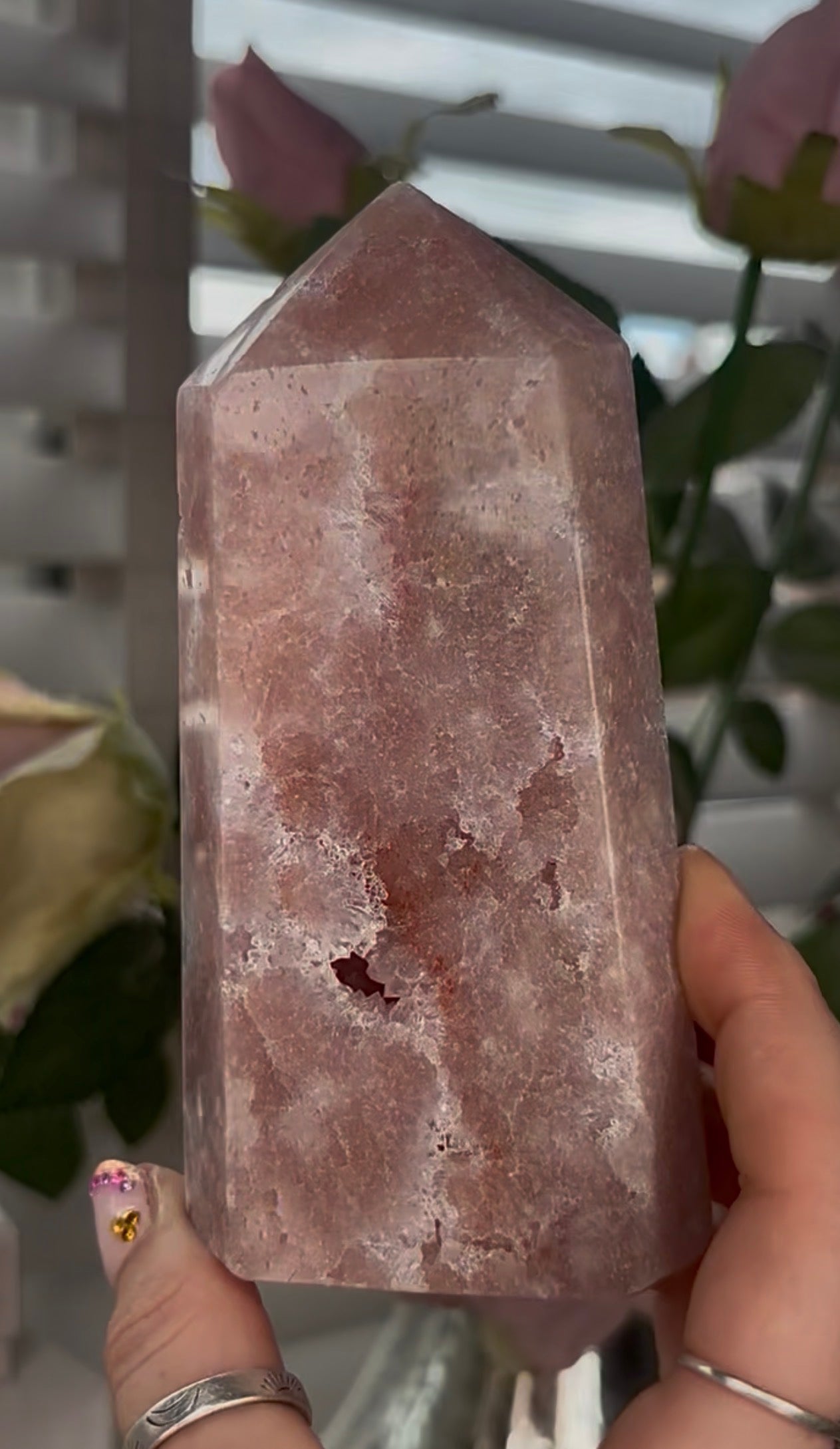 Pretty, Pink amethyst tower, with quartz druzy