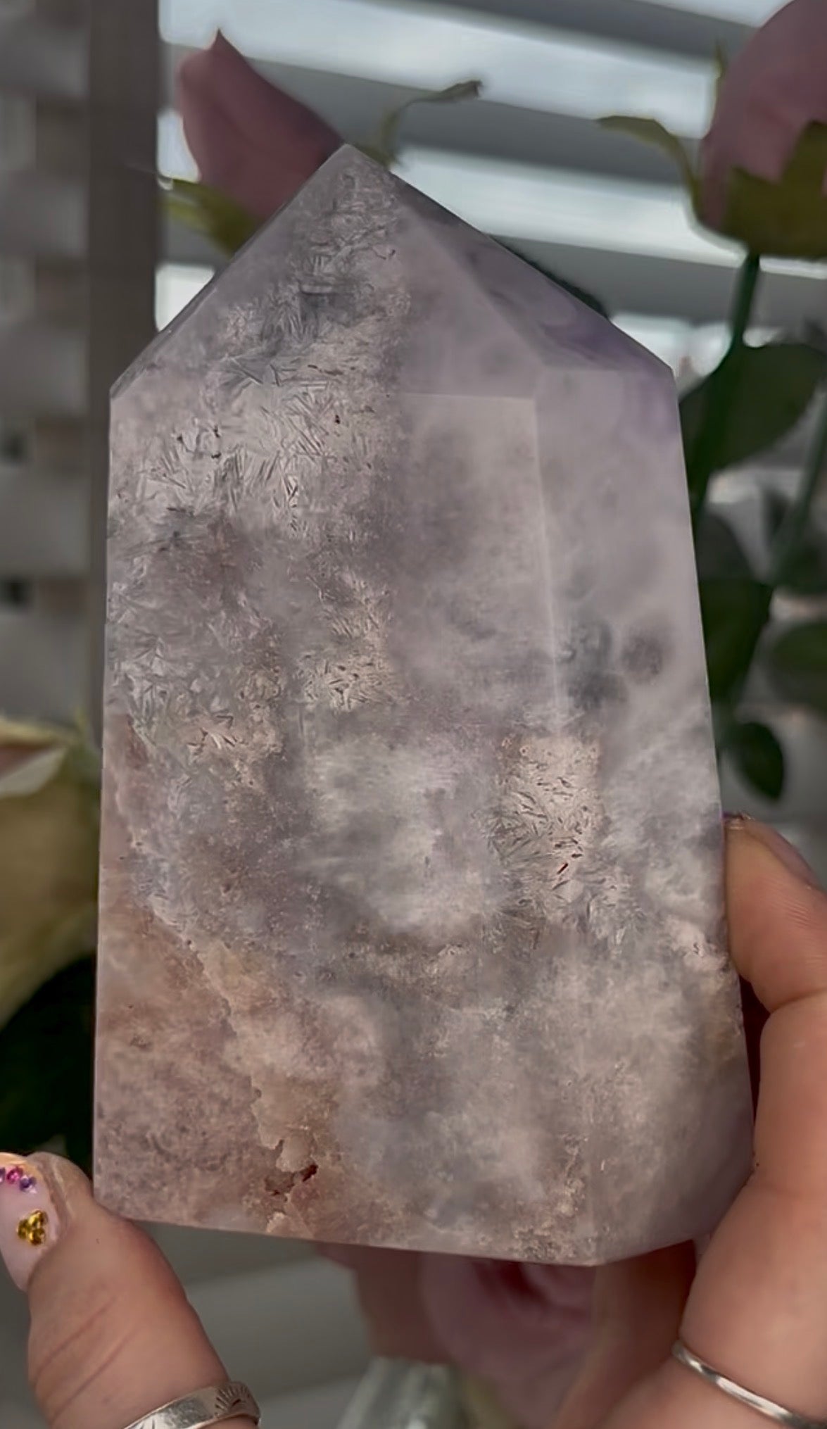 Large, High quality, Pink amethyst tower, with orange druzy