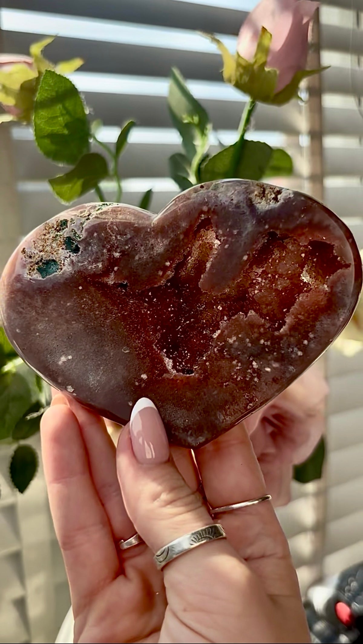 Gorgeous, high quality, berry red pink amethyst heart- comes with stand