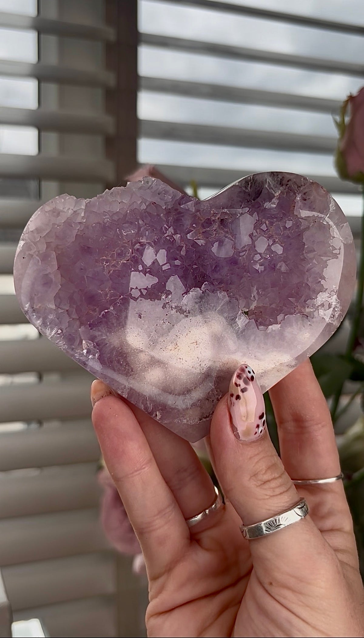 High grade, amethyst Flower agate heart with high clarity quartz