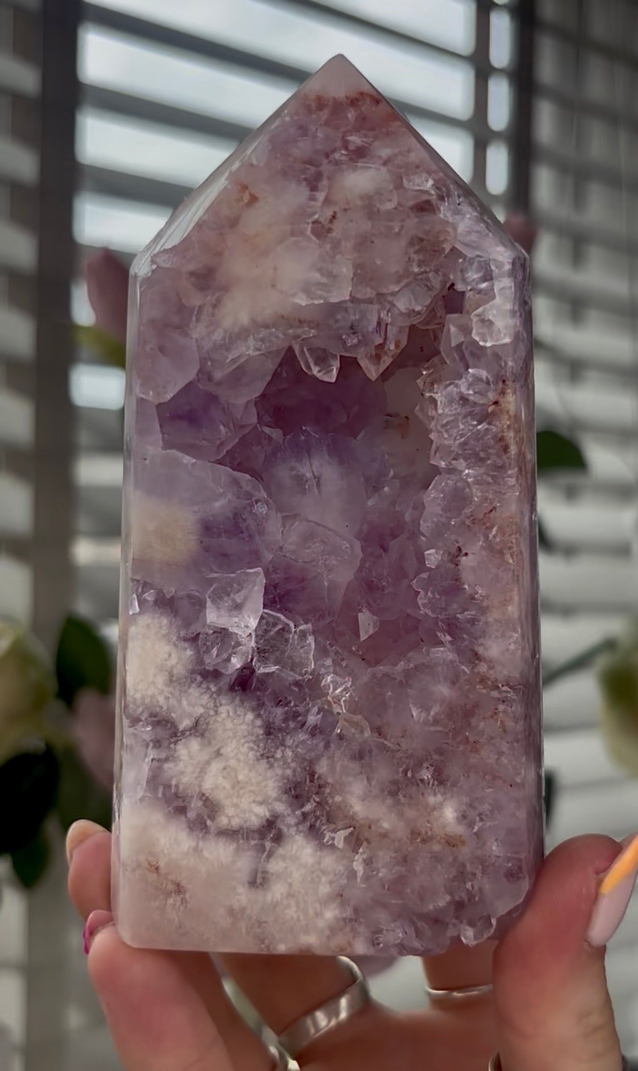 Beautiful, large, high quality, Pink amethyst tower with lilac tone quartz