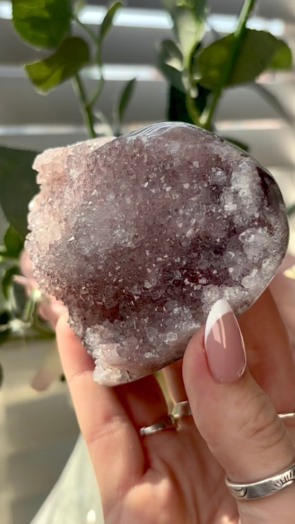 Gorgeous, hq, druzy pink amethyst heart- comes with stand