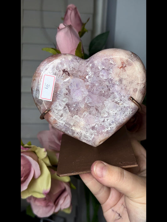High grade, stunning, pink amethyst heart with lilac quartz on stand