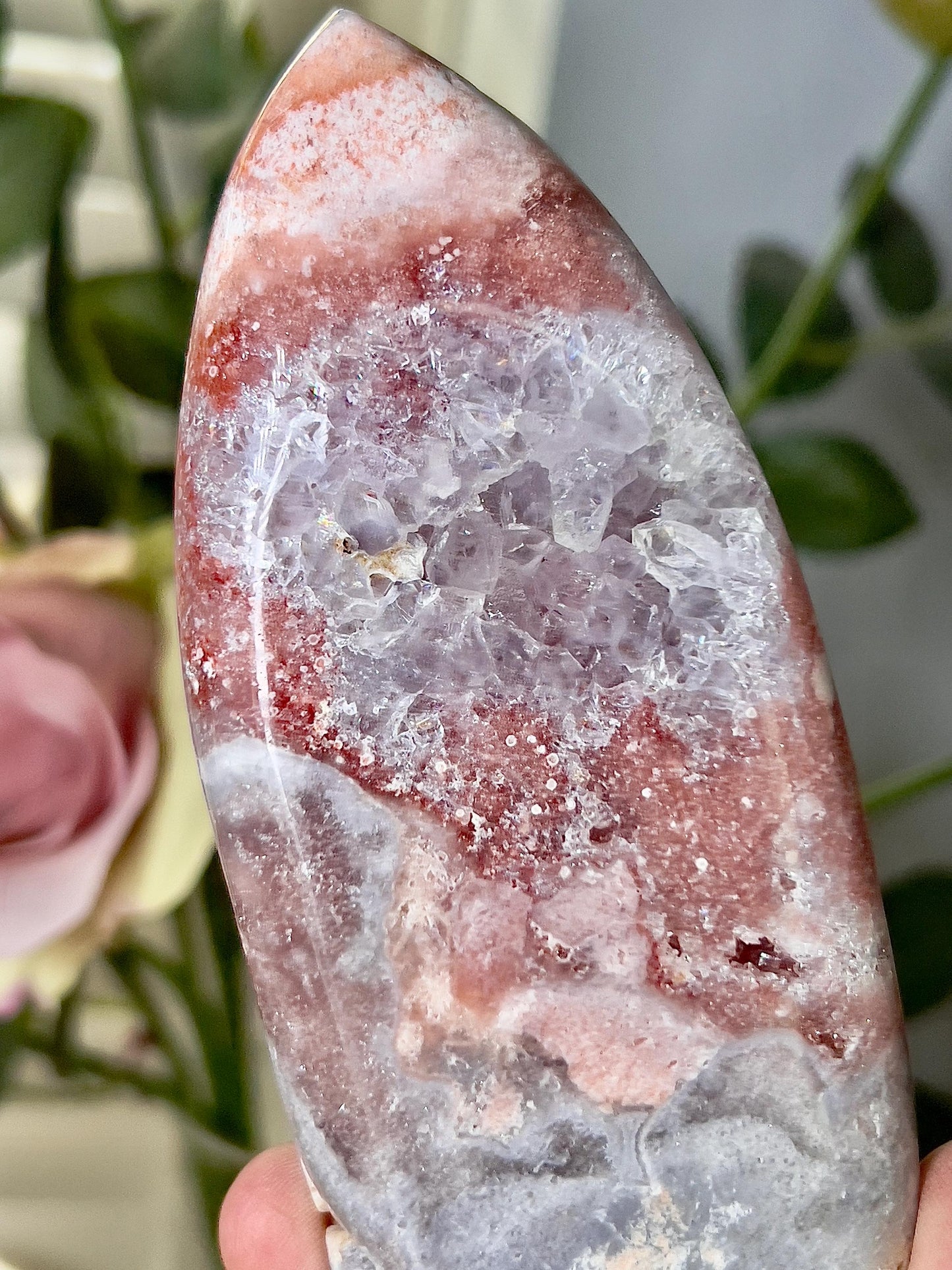 High grade, pink amethyst flame with a red & blue tone and purple quartz druzy