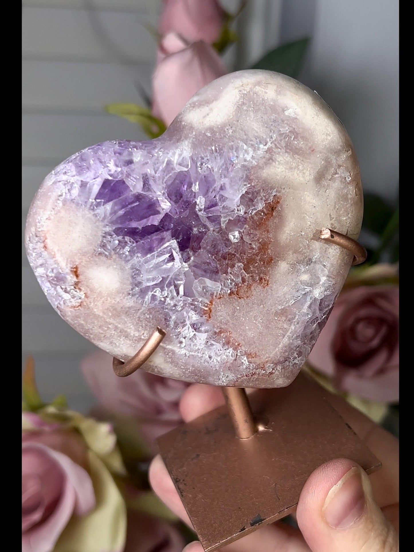 High grade, pink amethyst heart with purple quartz on stand (can be displayed with either side showing) 209g