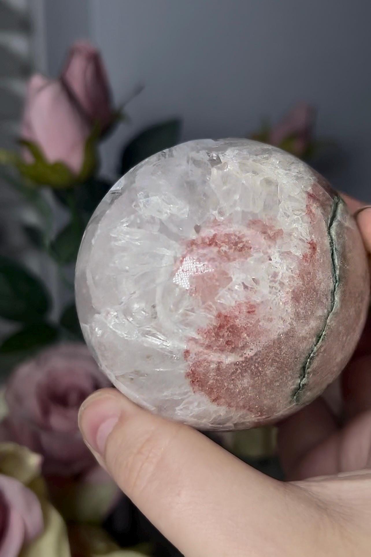 High grade, pink amethyst sphere with quartz 521g