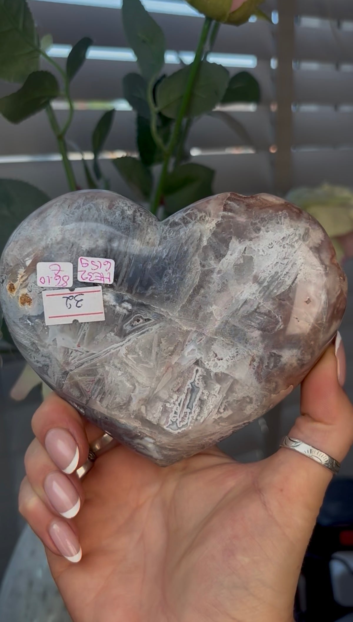 Gorgeous, pink amethyst heart- comes with stand