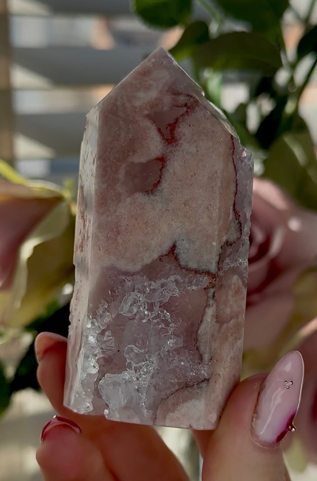 Pink amethyst tower with quartz 9.5cm(h) 4.5cm(w)