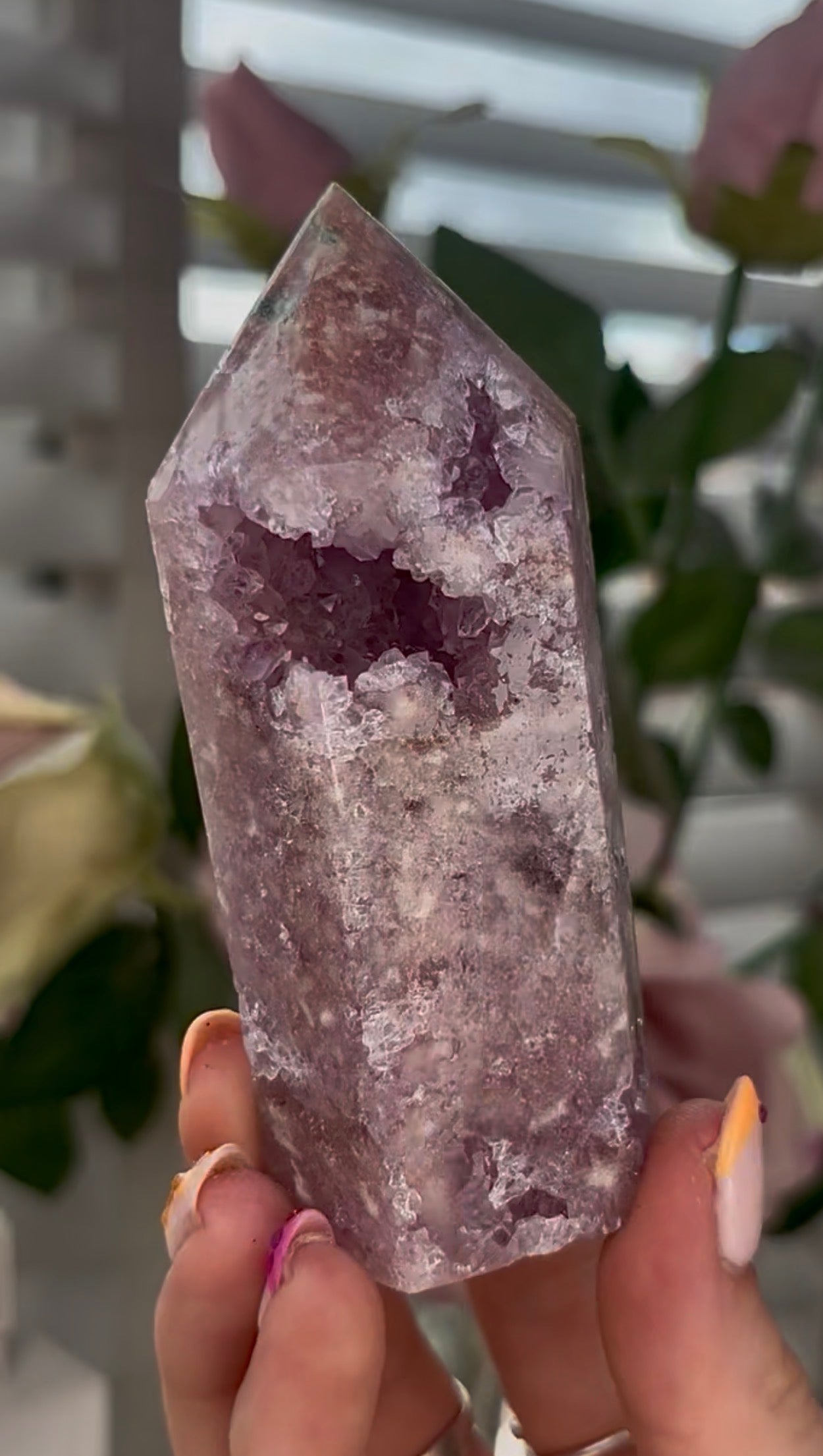 Pretty, Pink amethyst tower, with lilac quartz druzy