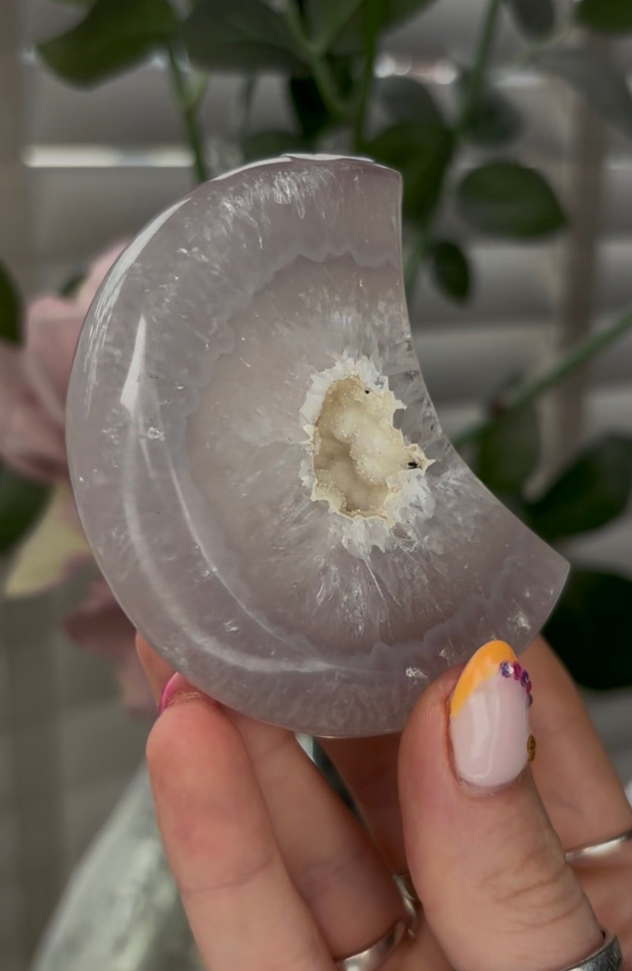 Beautiful, high grade, agate moon with druzy - comes with stand