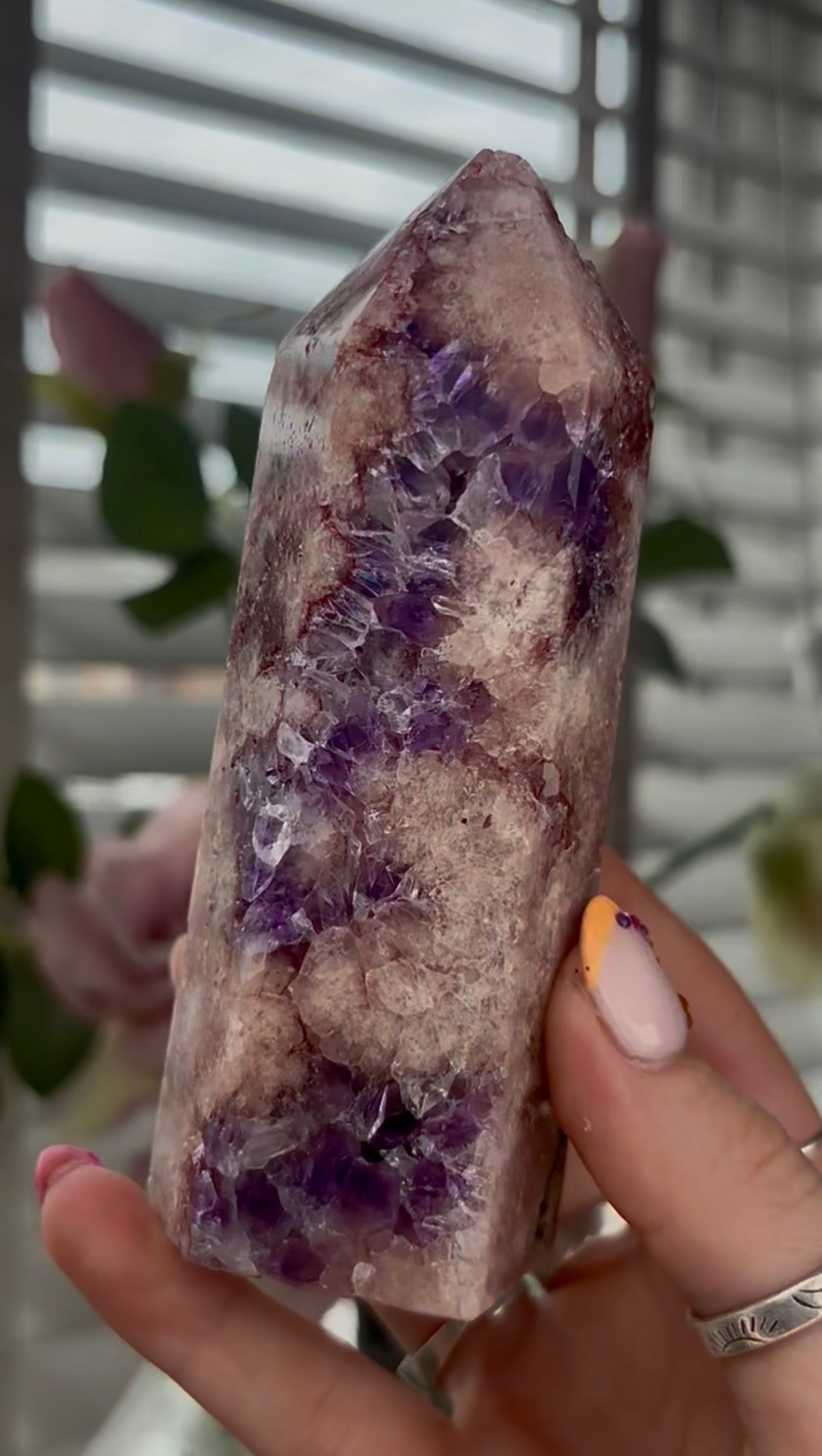 High quality, Pink amethyst tower, with purple quartz druzy