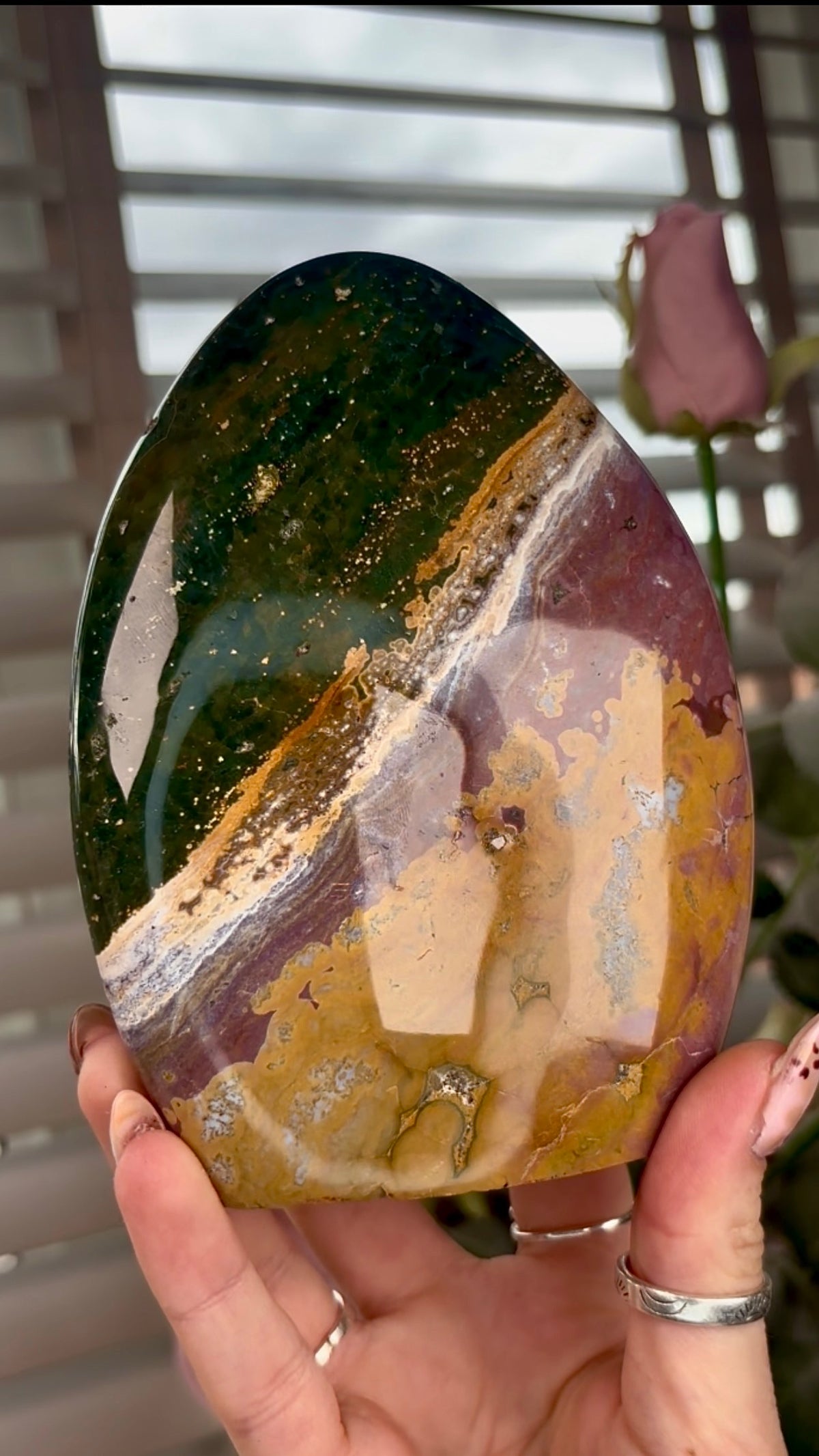 High quality, purple, mustard & green ocean jasper Freeform 13.5cm(h) 10cm(w)