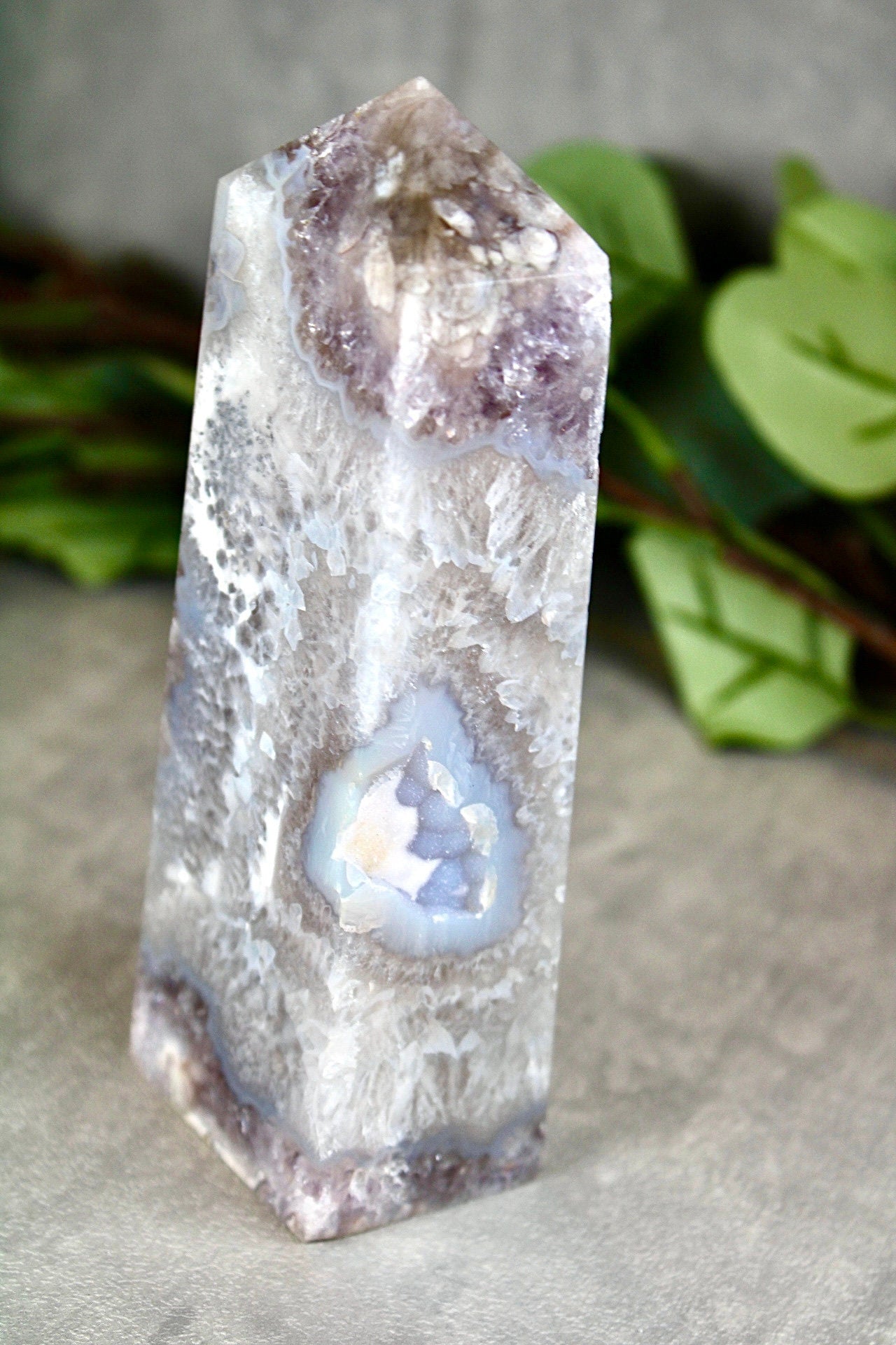 New find! Rare find! Gorgeous, chlorite, green flower agate with amethyst tower