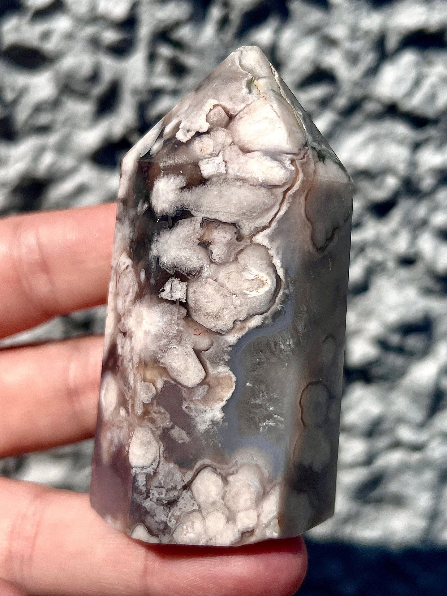 Black & pink flower agate tower - half price due to damaged tip