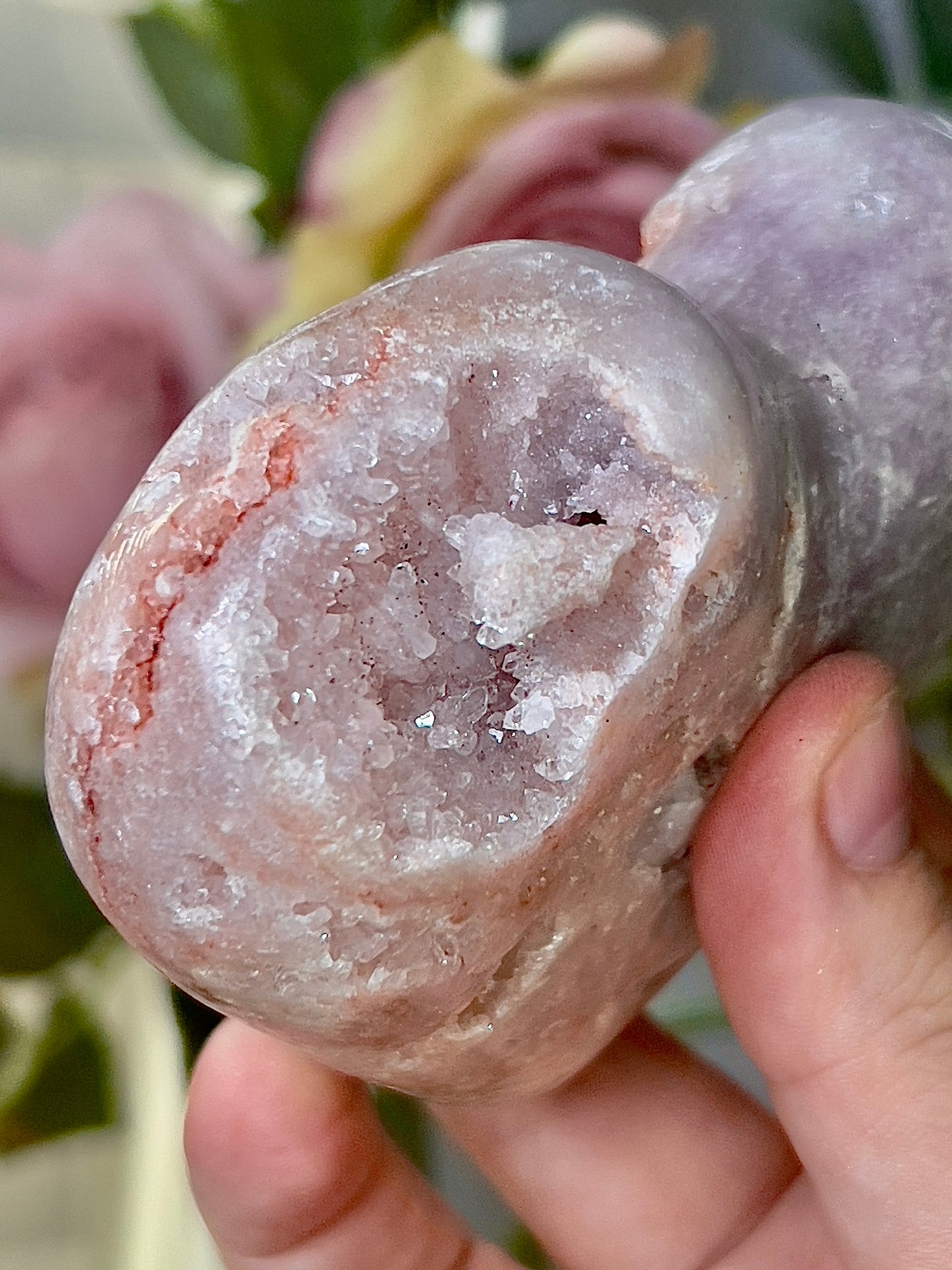 Chunky, druzy, pink amethyst heart - comes with stand