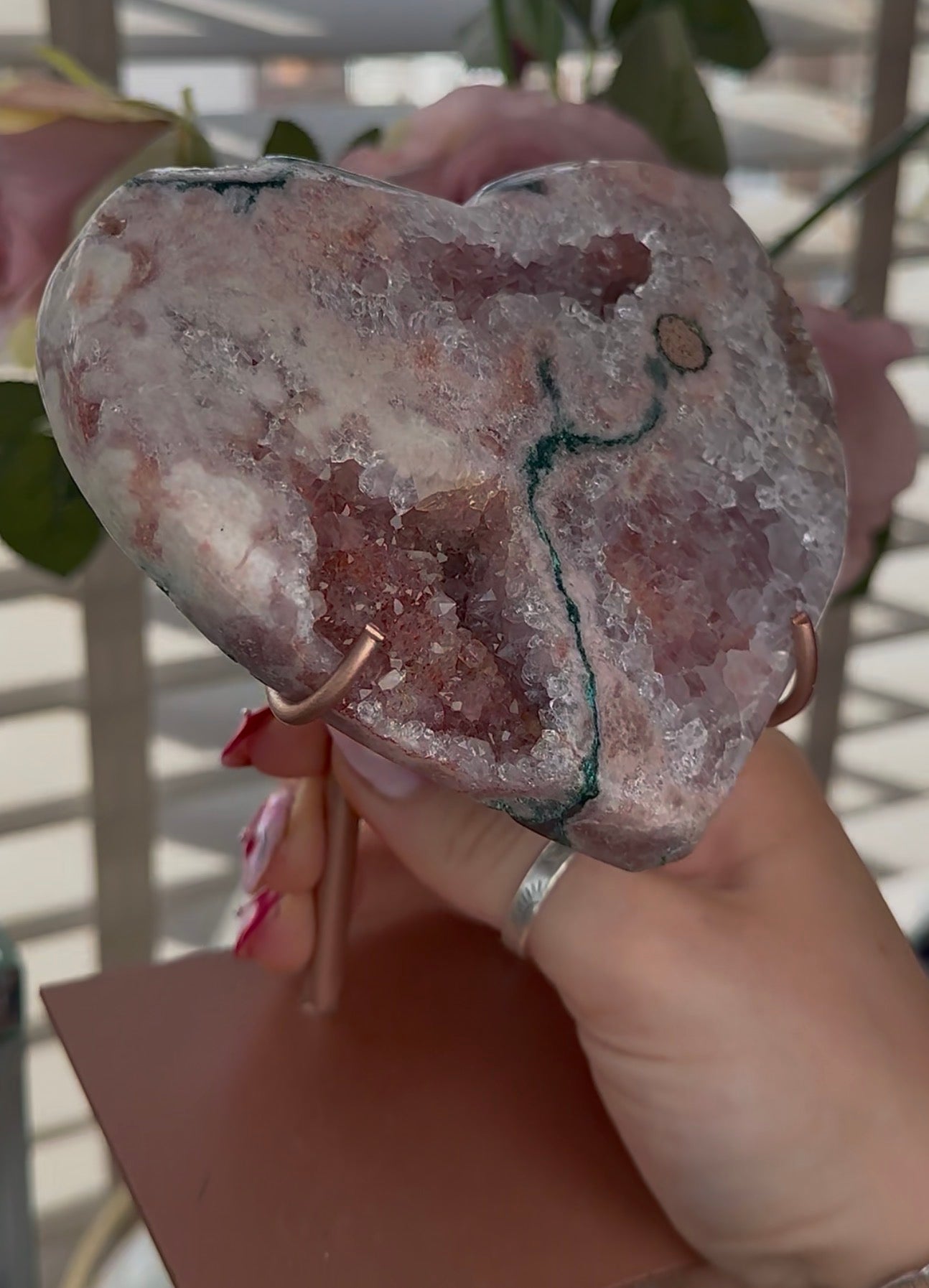 Hq pink amethyst heart with Jasper - comes with stand