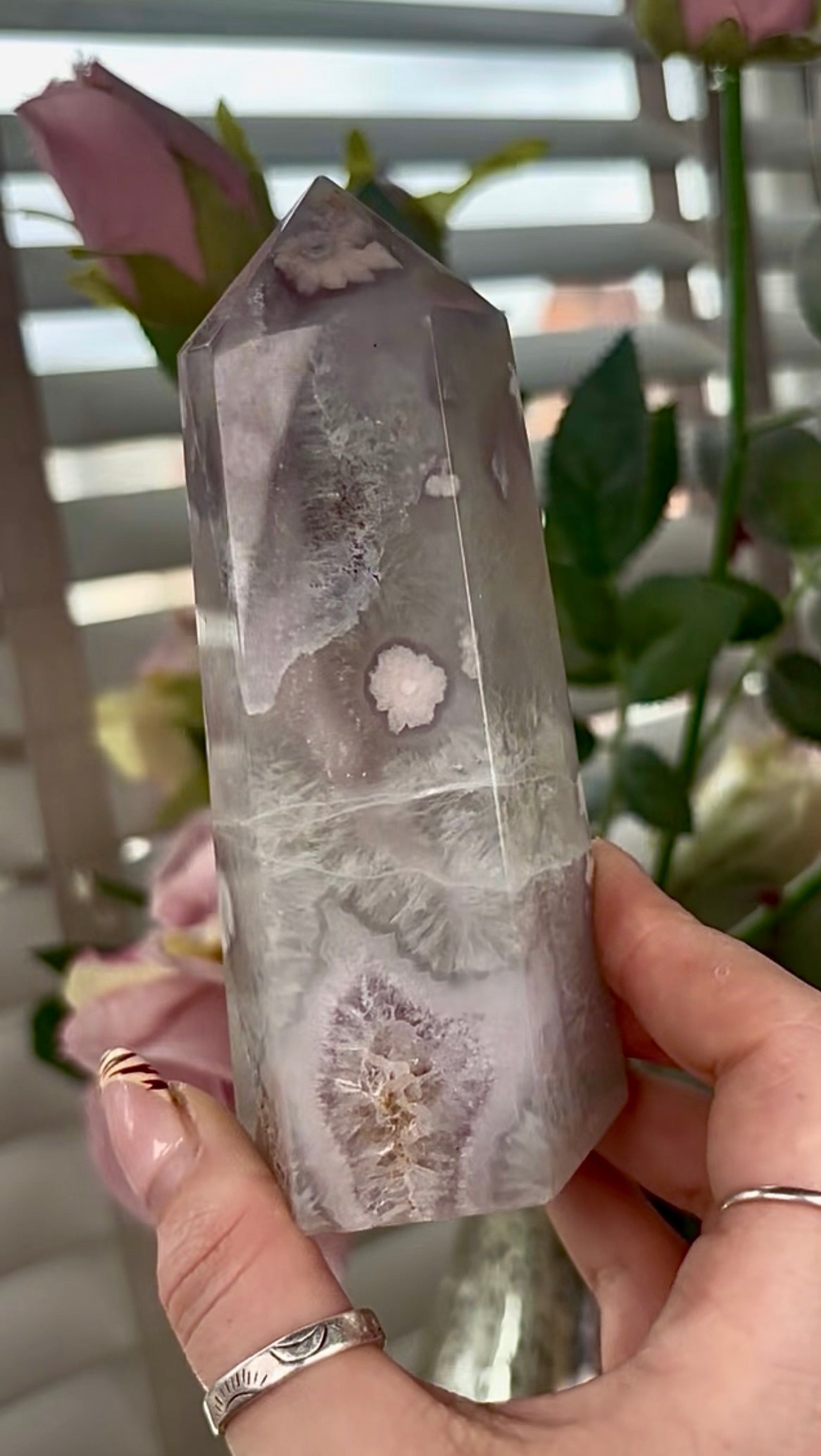 Stunning!! Super high quality, Druzy, green chlorite x blue flower agate tower