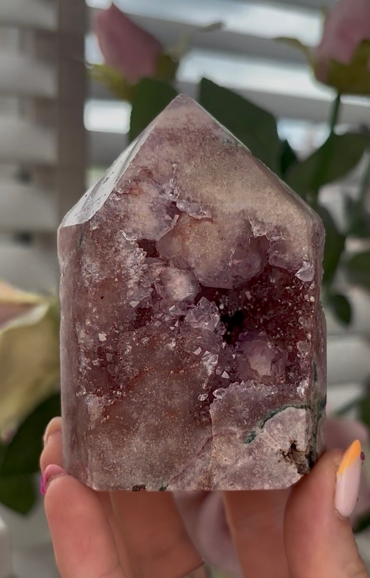 Pretty, high quality, Pink amethyst tower, with lilac quartz druzy