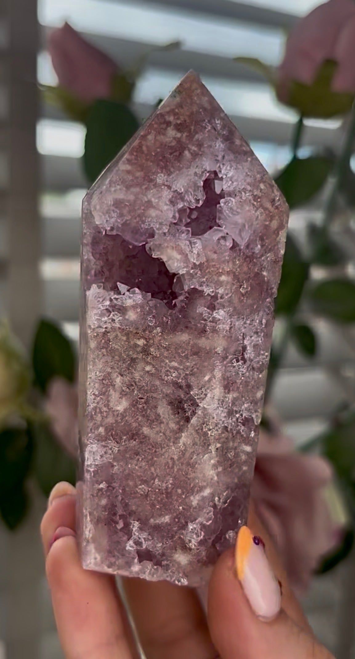 Pretty, Pink amethyst tower, with lilac quartz druzy